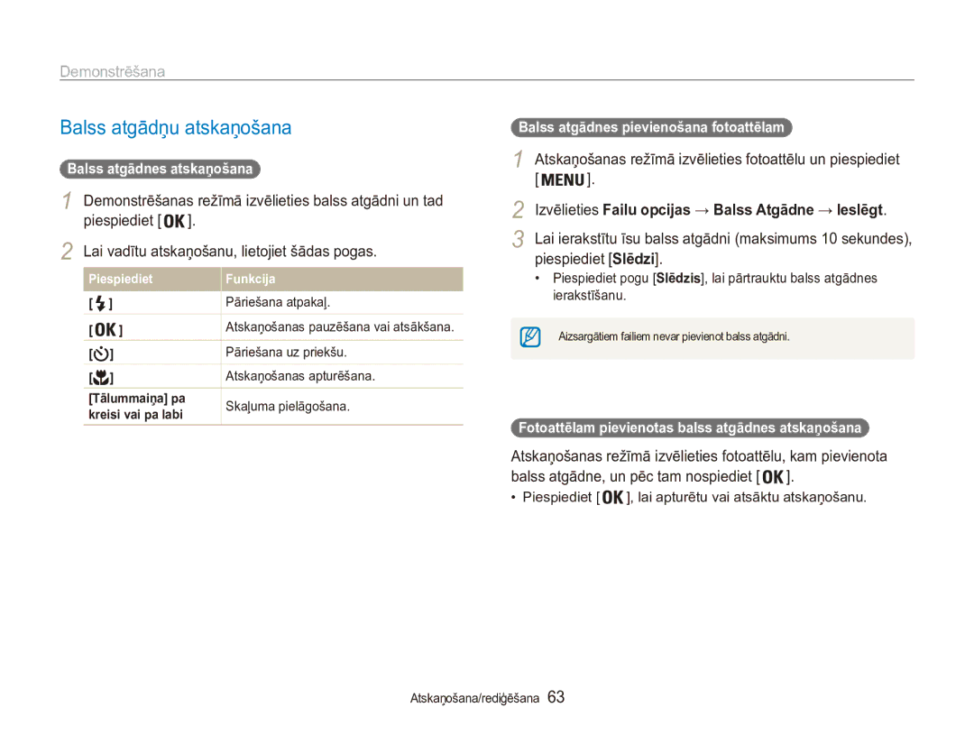 Samsung EC-ES90ZZBPSE2, EC-ES90ZZBPBE2 manual Balss atgādņu atskaņošana, Piespiediet Slēdzi 