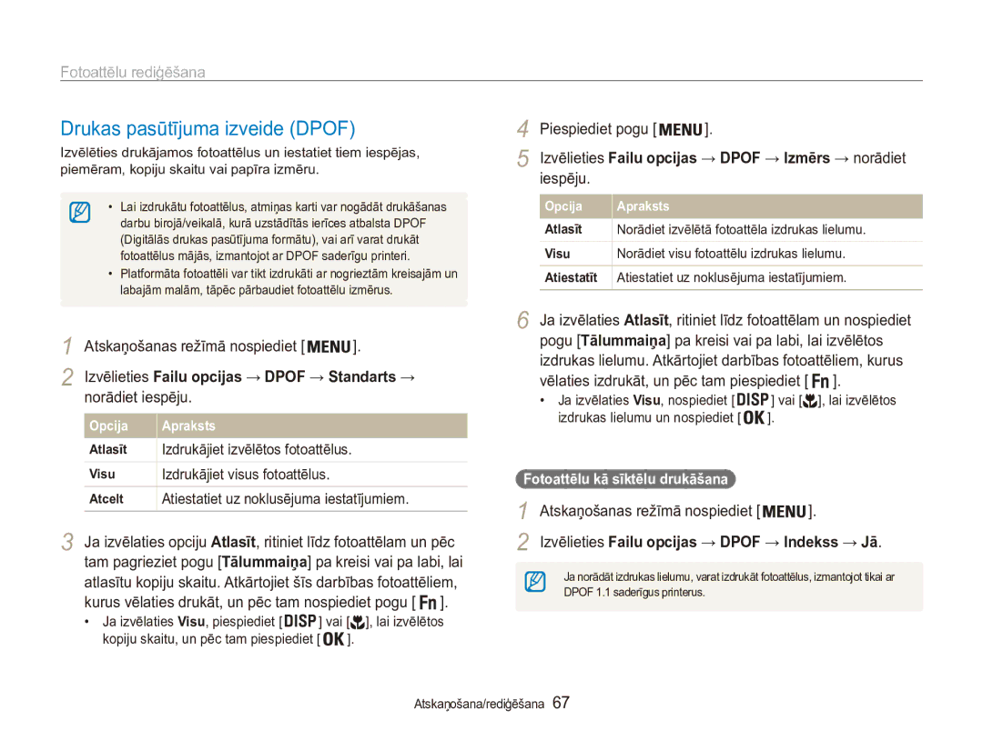 Samsung EC-ES90ZZBPSE2 Drukas pasūtījuma izveide Dpof, Izvēlieties Failu opcijas → Dpof → Standarts →, Opcija Apraksts 