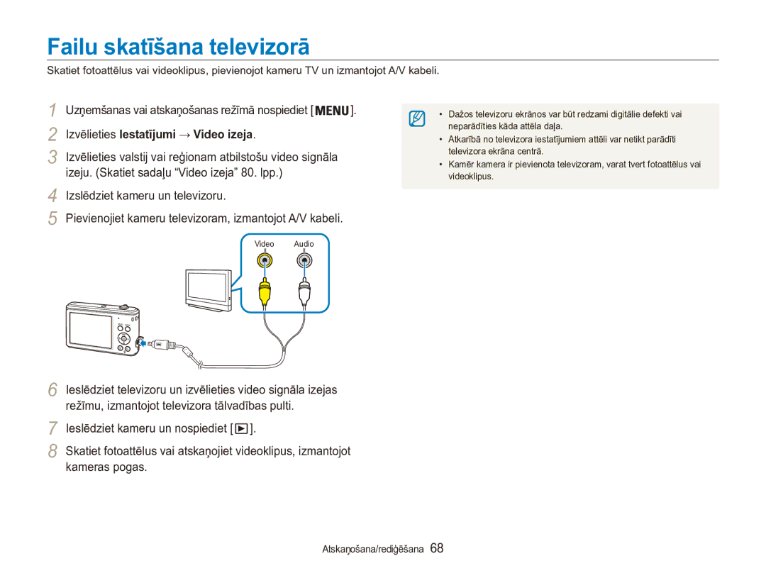 Samsung EC-ES90ZZBPBE2 Failu skatīšana televizorā, Izvēlieties Iestatījumi → Video izeja, Izslēdziet kameru un televizoru 