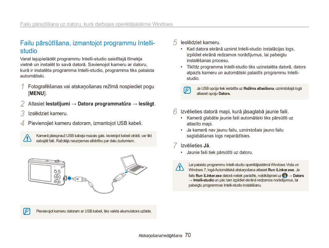 Samsung EC-ES90ZZBPBE2, EC-ES90ZZBPSE2 manual Failu pārsūtīšana, izmantojot programmu Intelli- studio, Ieslēdziet kameru 