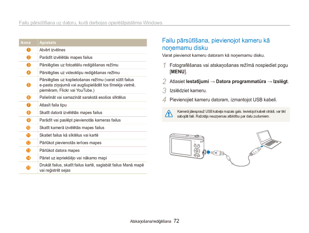 Samsung EC-ES90ZZBPBE2, EC-ES90ZZBPSE2 manual Failu pārsūtīšana, pievienojot kameru kā noņemamu disku 