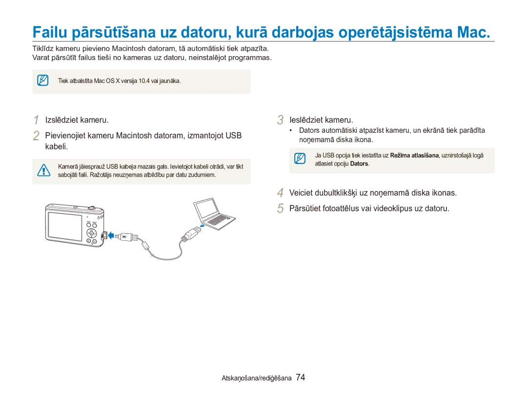 Samsung EC-ES90ZZBPBE2, EC-ES90ZZBPSE2 manual Tiek atbalstīta Mac OS X versija 10.4 vai jaunāka 