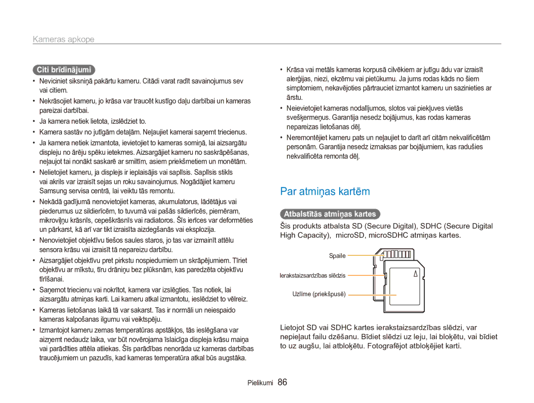 Samsung EC-ES90ZZBPBE2, EC-ES90ZZBPSE2 manual Par atmiņas kartēm, Citi brīdinājumi, Atbalstītās atmiņas kartes 