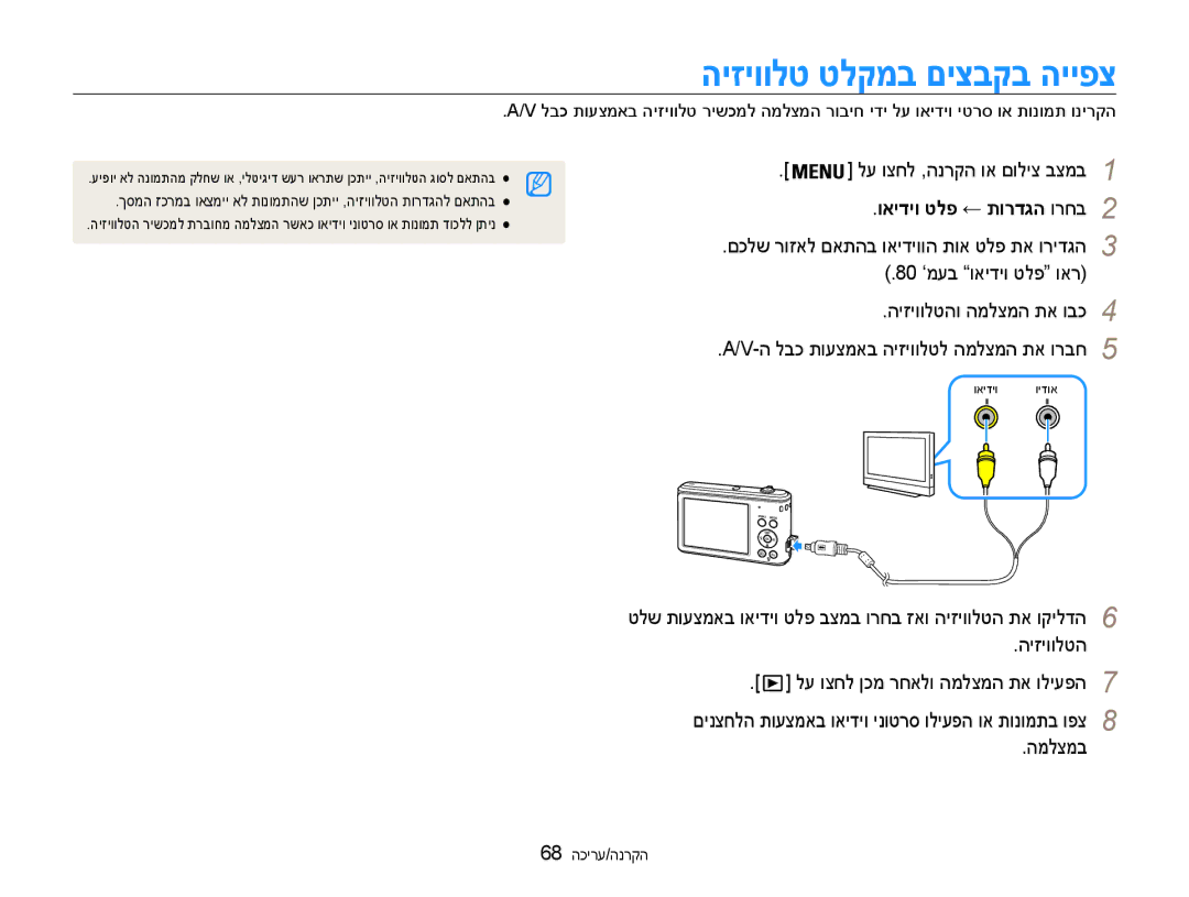 Samsung EC-ES90ZZBPSAE manual היזיוולט טלקמב םיצבקב הייפצ, לע וצחל ,הנרקה וא םוליצ בצמב1, ואידיו טלפ ← תורדגה ורחב2 