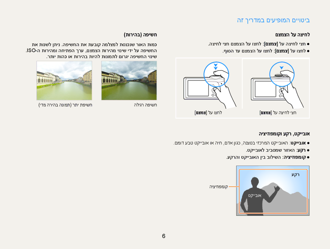 Samsung EC-ES90ZZBPBIL, EC-ES90ZZBPSIL manual הז ךירדמב םיעיפומה םייוטיב, הציחל יצח םצמצה לע וצחל םצמצ לע הציחל יצח 