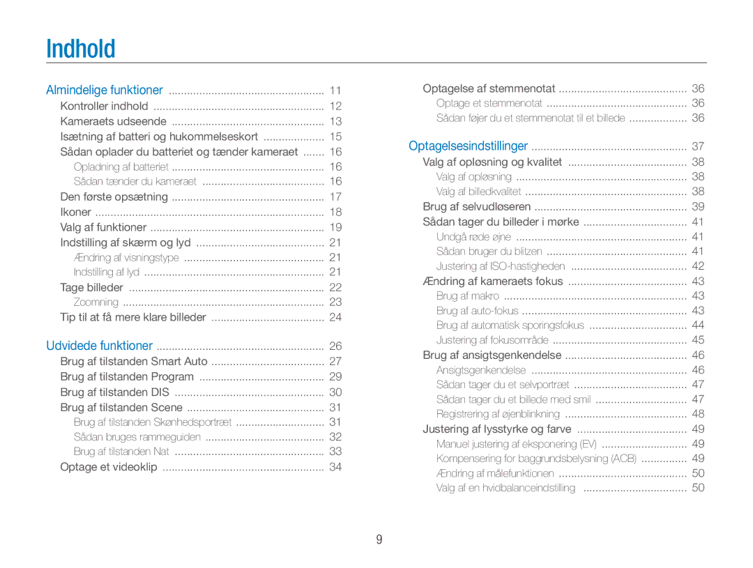 Samsung EC-ES90ZZBPRE2, EC-ES90ZZBPUE2, EC-ES90ZZBPSE2 manual Indhold, Sådan oplader du batteriet og tænder kameraet 