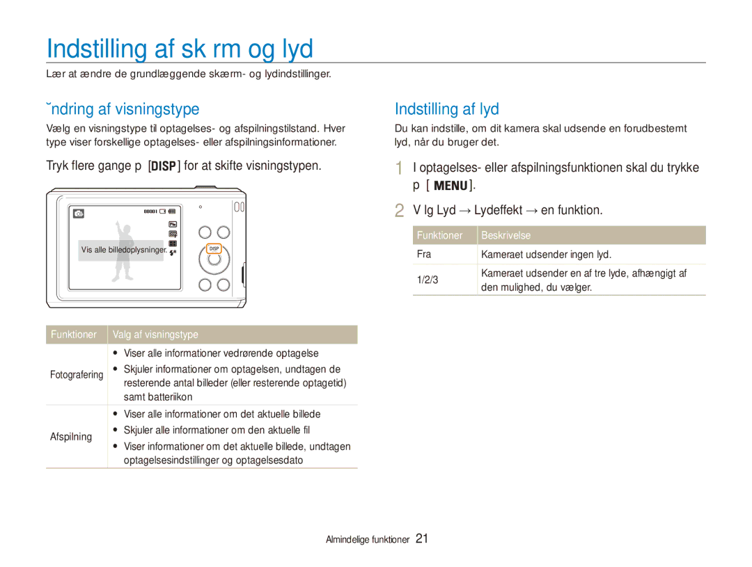 Samsung EC-ES90ZZBPRE2, EC-ES90ZZBPUE2 manual Indstilling af skærm og lyd, Ændring af visningstype, Indstilling af lyd 