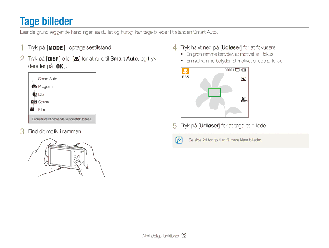 Samsung EC-ES90ZZBPBE2 Tage billeder, Tryk på Udløser for at tage et billede, Eller for at rulle til Smart Auto, og tryk 