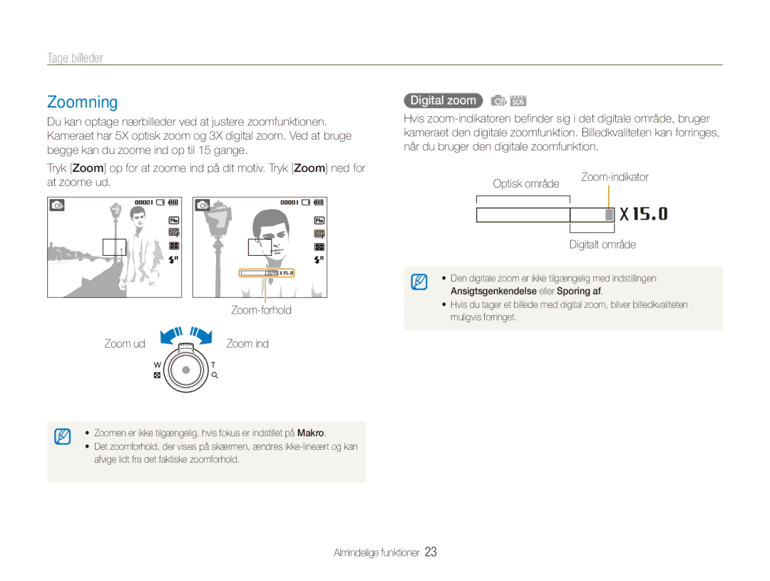 Samsung EC-ES90ZZBPUE2, EC-ES90ZZBPSE2, EC-ES90ZZBPRE2 manual Zoomning, Tage billeder, Digital zoom, Digitalt område 