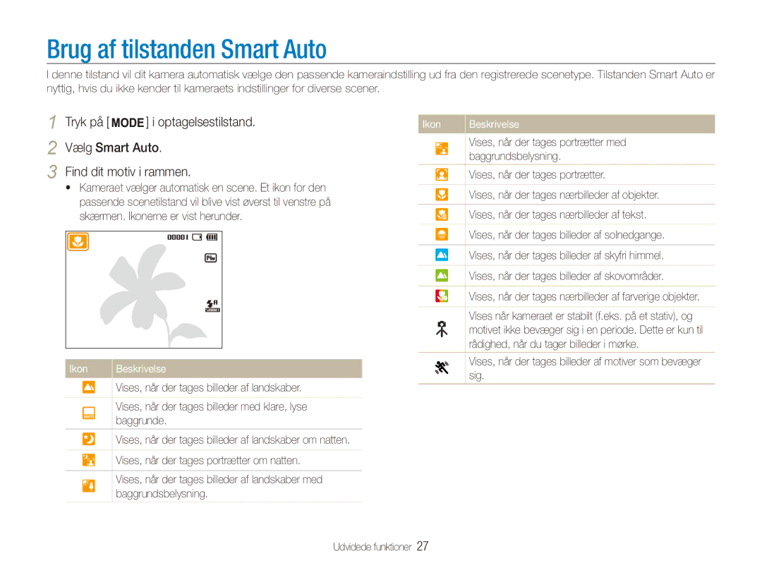 Samsung EC-ES90ZZBPUE2, EC-ES90ZZBPSE2 manual Brug af tilstanden Smart Auto, Vælg Smart Auto Find dit motiv i rammen 