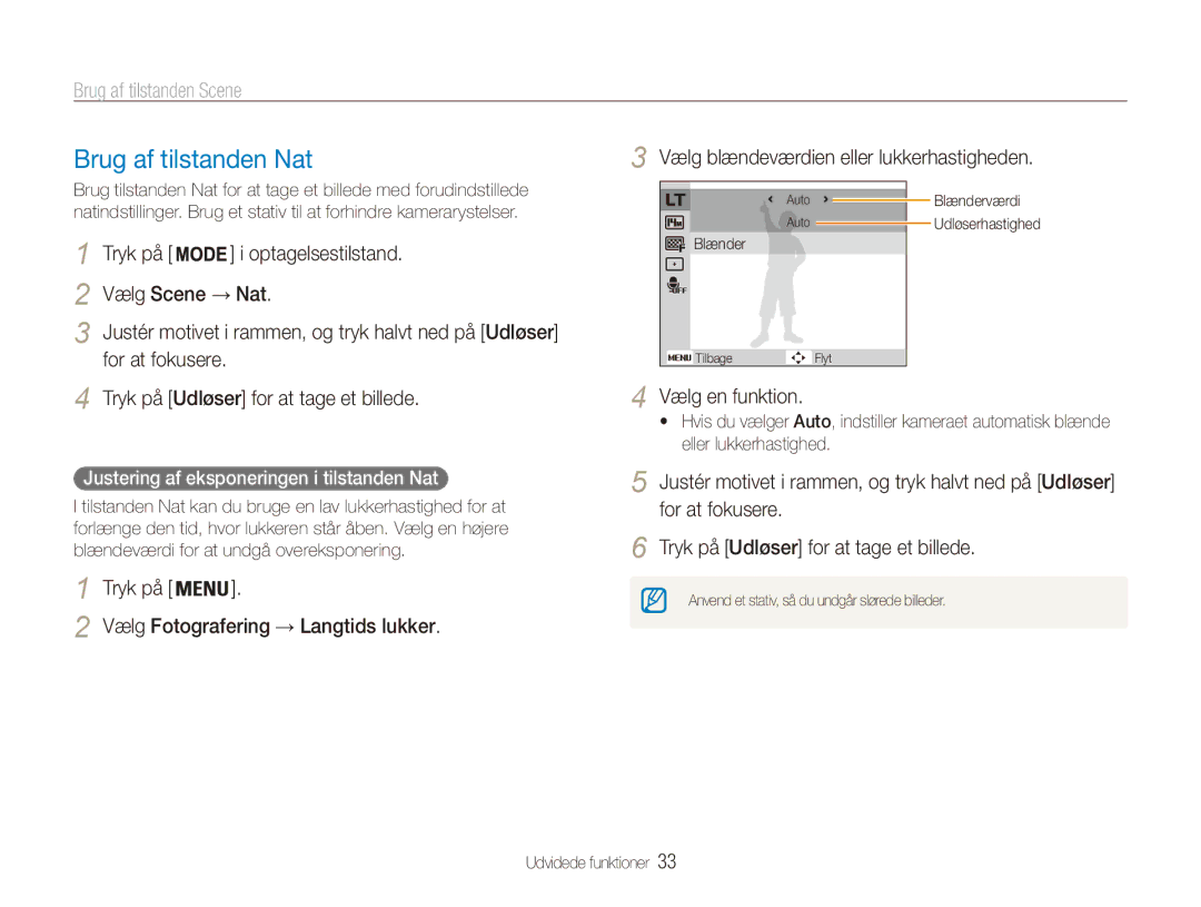 Samsung EC-ES90ZZBPRE2 manual Brug af tilstanden Nat, Tryk på Optagelsestilstand Vælg Scene → Nat, Vælg en funktion 