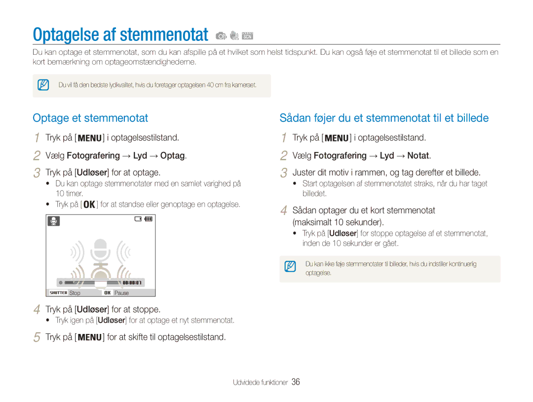 Samsung EC-ES90ZZBPSE2 manual Optagelse af stemmenotat, Optage et stemmenotat, Sådan føjer du et stemmenotat til et billede 