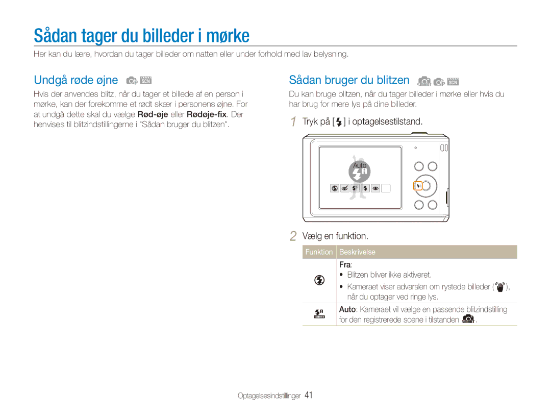 Samsung EC-ES90ZZBPRE2, EC-ES90ZZBPUE2 manual Sådan tager du billeder i mørke, Undgå røde øjne, Sådan bruger du blitzen 