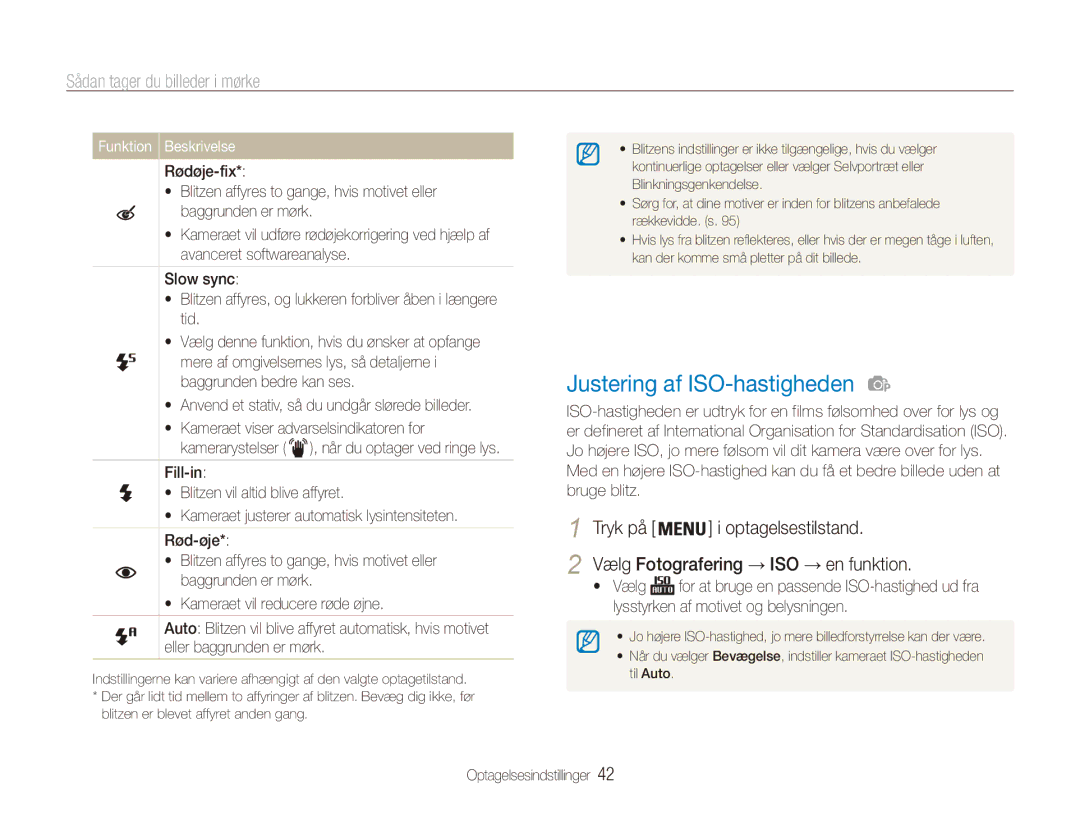 Samsung EC-ES90ZZBPBE2, EC-ES90ZZBPUE2, EC-ES90ZZBPSE2 manual Justering af ISO-hastigheden, Sådan tager du billeder i mørke 