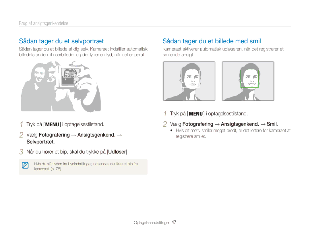 Samsung EC-ES90ZZBPUE2 manual Sådan tager du et selvportræt, Sådan tager du et billede med smil, Brug af ansigtsgenkendelse 