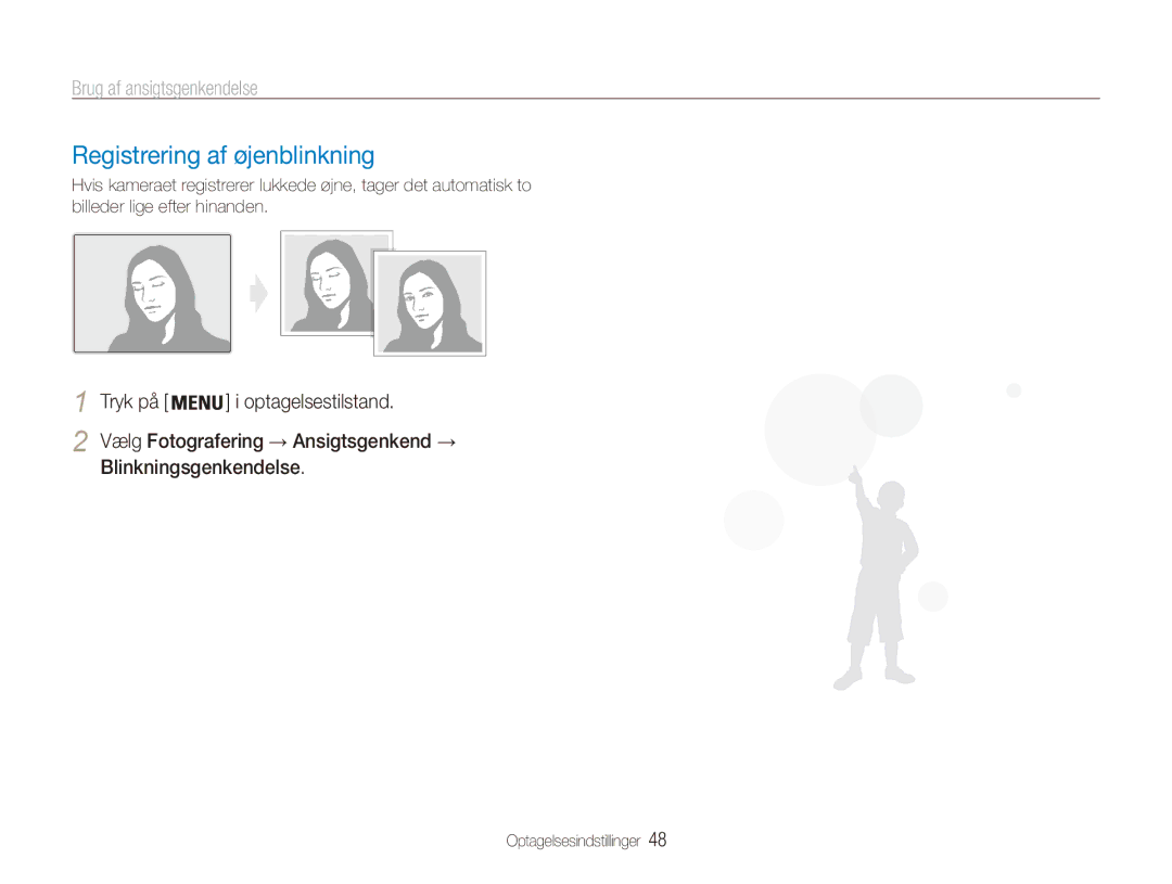 Samsung EC-ES90ZZBPSE2 manual Registrering af øjenblinkning, Blinkningsgenkendelse, Vælg Fotografering → Ansigtsgenkend → 