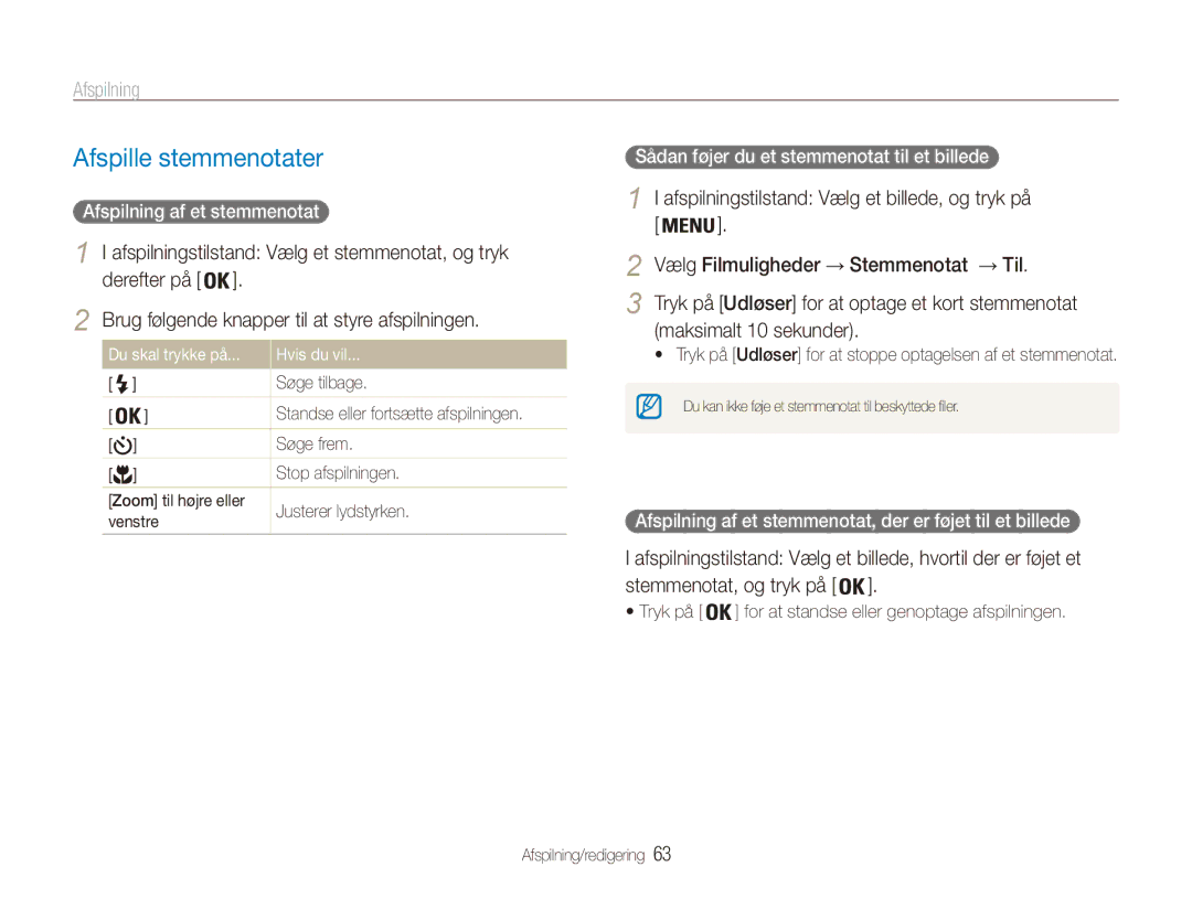 Samsung EC-ES90ZZBPUE2 Afspille stemmenotater, Afspilning af et stemmenotat, Sådan føjer du et stemmenotat til et billede 