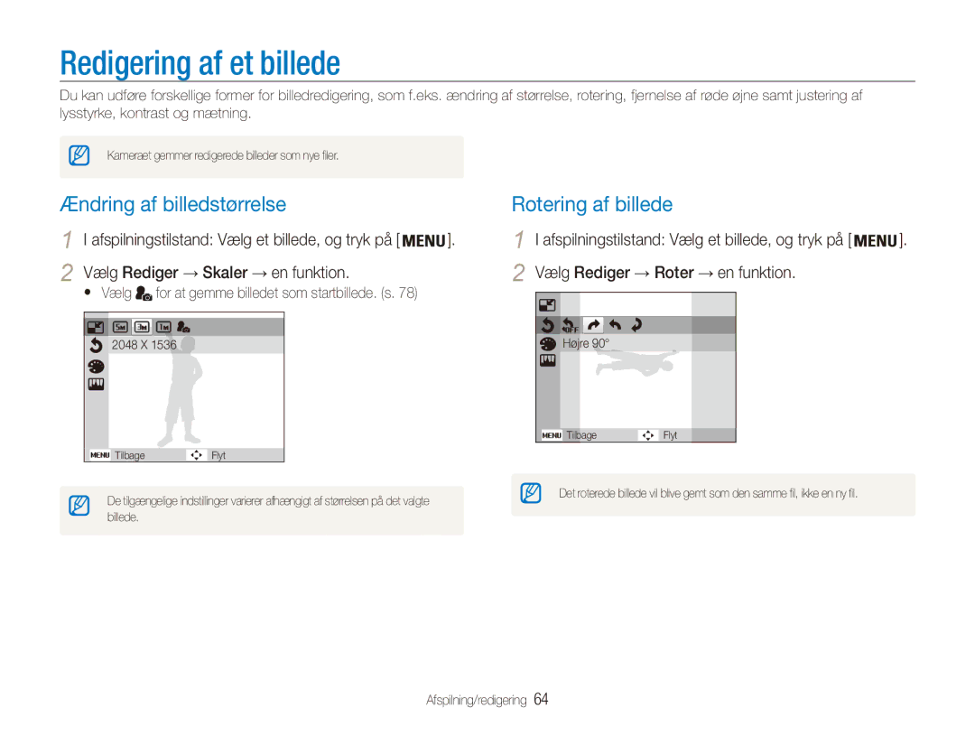 Samsung EC-ES90ZZBPSE2, EC-ES90ZZBPUE2 manual Redigering af et billede, Ændring af billedstørrelse, Rotering af billede 