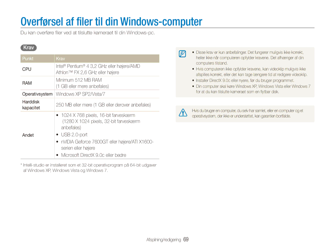 Samsung EC-ES90ZZBPRE2, EC-ES90ZZBPUE2, EC-ES90ZZBPSE2 manual Overførsel af filer til din Windows-computer, Punkt Krav 