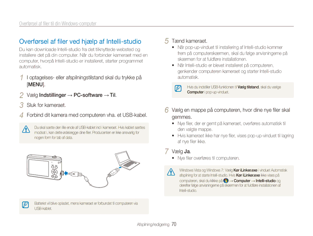 Samsung EC-ES90ZZBPBE2 manual Overførsel af filer ved hjælp af Intelli-studio, Overførsel af filer til din Windows-computer 