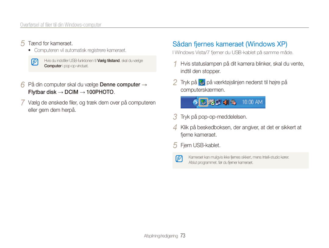 Samsung EC-ES90ZZBPRE2 Sådan fjernes kameraet Windows XP, Tænd for kameraet, Computeren vil automatisk registrere kameraet 