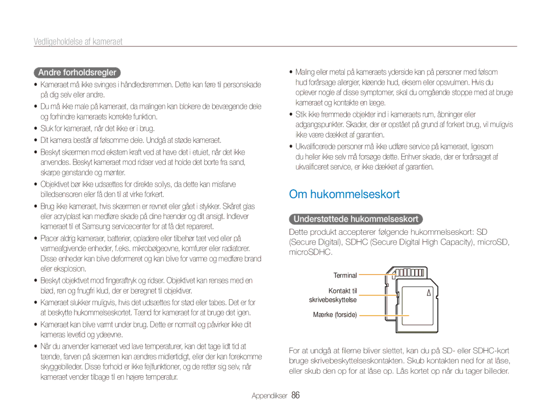 Samsung EC-ES90ZZBPBE2, EC-ES90ZZBPUE2 manual Om hukommelseskort, Andre forholdsregler, Understøttede hukommelseskort 