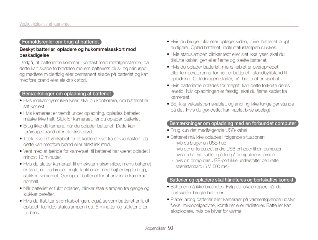 Samsung EC-ES90ZZBPBE2, EC-ES90ZZBPUE2 manual Forholdsregler om brug af batteriet, Bemærkninger om opladning af batteriet 