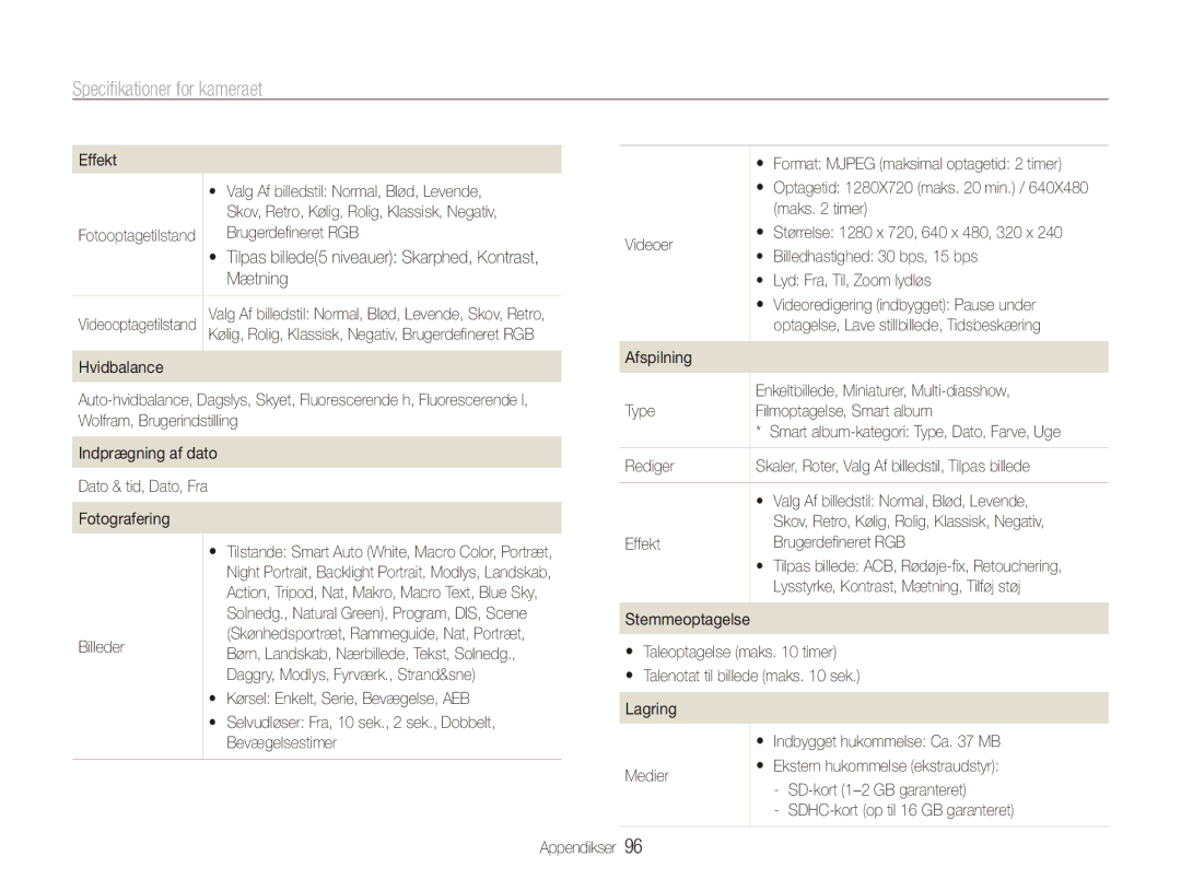 Samsung EC-ES90ZZBPSE2, EC-ES90ZZBPUE2, EC-ES90ZZBPRE2, EC-ES90ZZBPBE2 manual Specifikationer for kameraet 