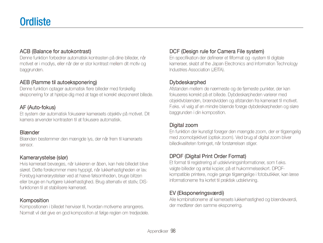 Samsung EC-ES90ZZBPBE2, EC-ES90ZZBPUE2, EC-ES90ZZBPSE2, EC-ES90ZZBPRE2 manual Ordliste 