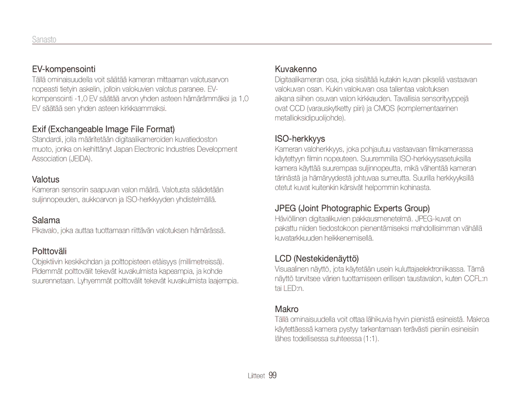 Samsung EC-ES90ZZBPUE2, EC-ES90ZZBPSE2, EC-ES90ZZBPRE2, EC-ES90ZZBPBE2 manual Sanasto 