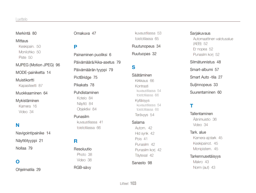 Samsung EC-ES90ZZBPUE2, EC-ES90ZZBPSE2, EC-ES90ZZBPRE2, EC-ES90ZZBPBE2 manual Luettelo 