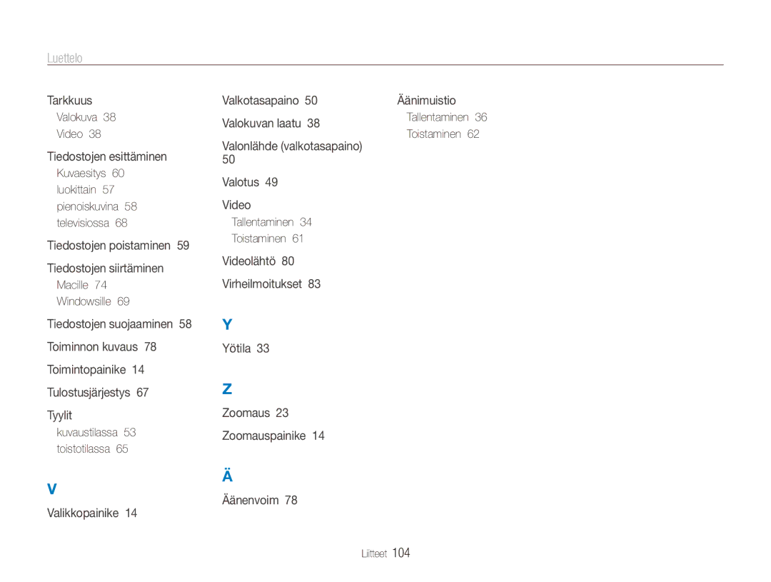 Samsung EC-ES90ZZBPSE2, EC-ES90ZZBPUE2, EC-ES90ZZBPRE2 manual Valokuva Video, Macille Windowsille, Tallentaminen Toistaminen 