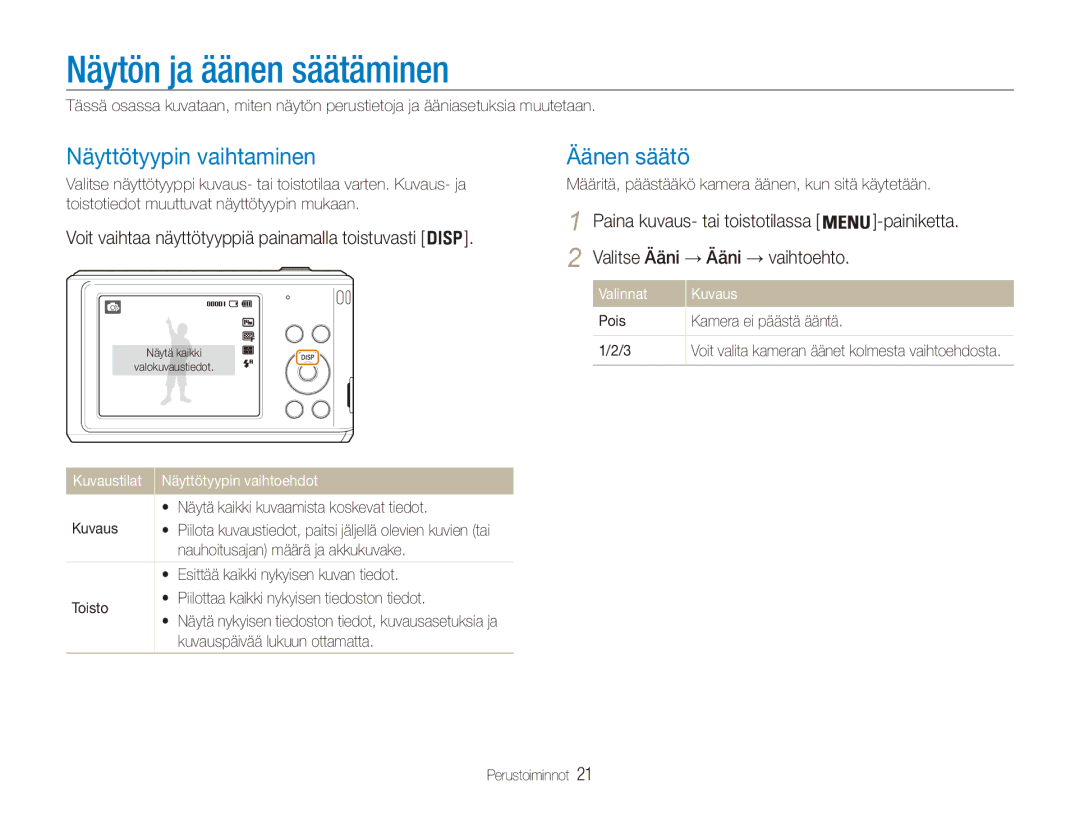 Samsung EC-ES90ZZBPRE2, EC-ES90ZZBPUE2, EC-ES90ZZBPSE2 Näytön ja äänen säätäminen, Näyttötyypin vaihtaminen, Äänen säätö 