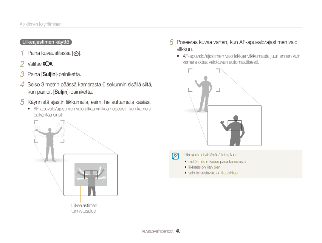 Samsung EC-ES90ZZBPSE2 manual Ajastimen käyttäminen, Valitse Paina Suljin-painiketta, Kun painoit Suljin-painiketta 