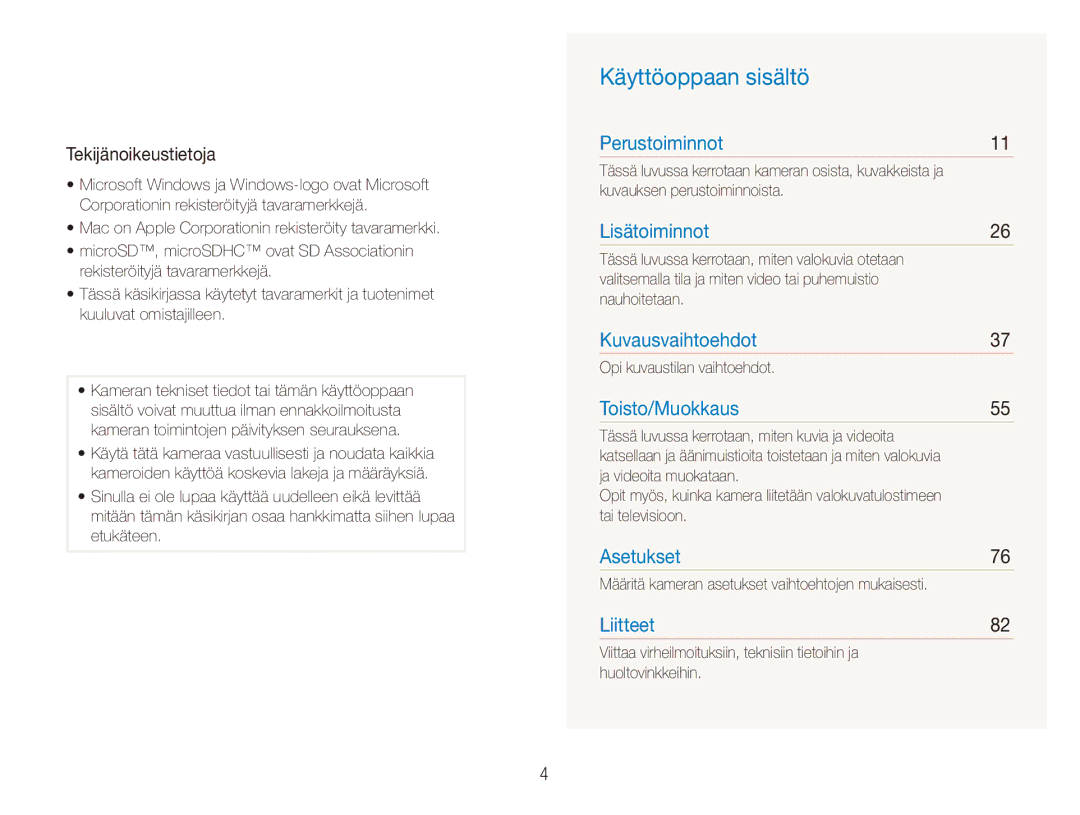 Samsung EC-ES90ZZBPSE2, EC-ES90ZZBPUE2, EC-ES90ZZBPRE2, EC-ES90ZZBPBE2 manual Käyttöoppaan sisältö, Tekijänoikeustietoja 