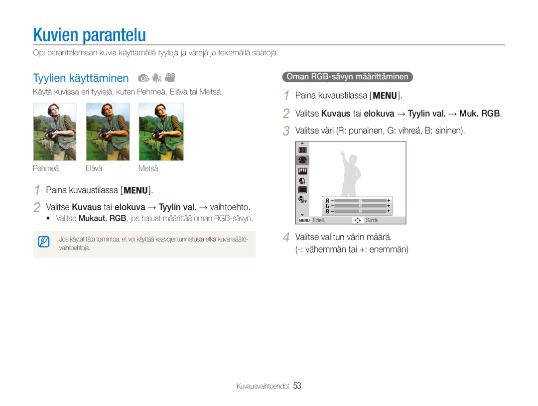 Samsung EC-ES90ZZBPRE2, EC-ES90ZZBPUE2 Kuvien parantelu, Tyylien käyttäminen, Valitse väri R punainen, G vihreä, B sininen 