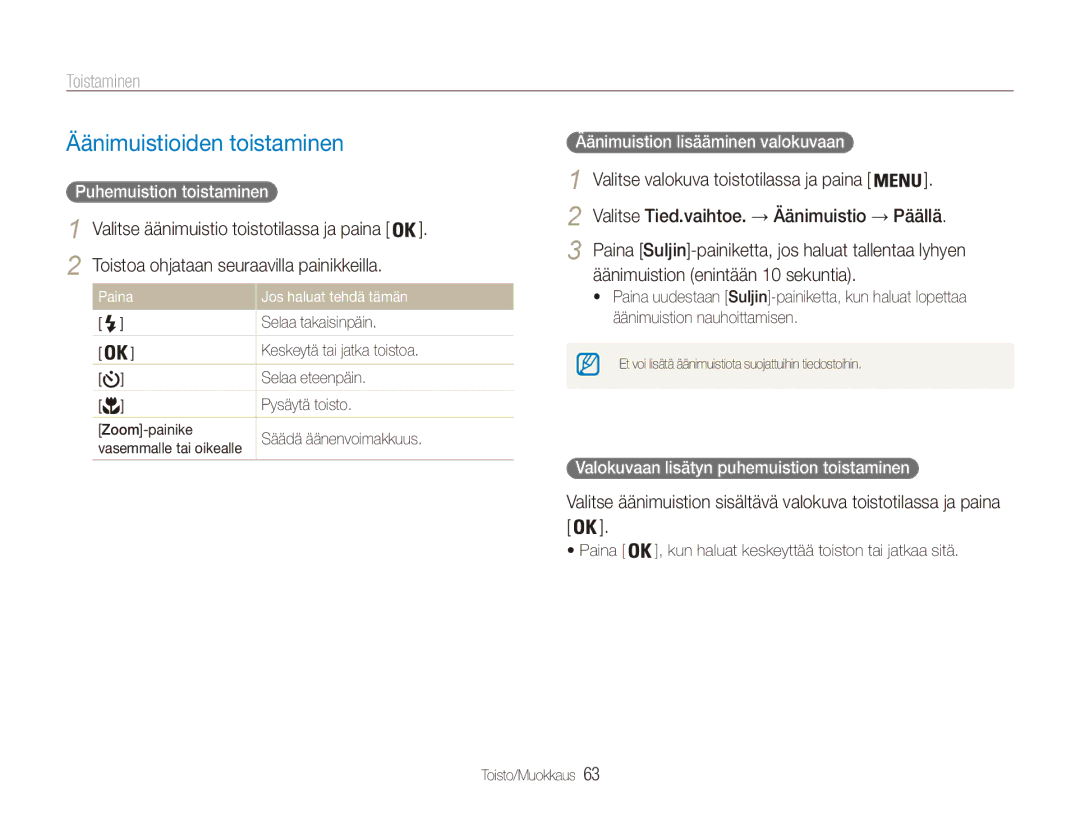 Samsung EC-ES90ZZBPUE2 manual Äänimuistioiden toistaminen, Äänimuistion enintään 10 sekuntia, Puhemuistion toistaminen 