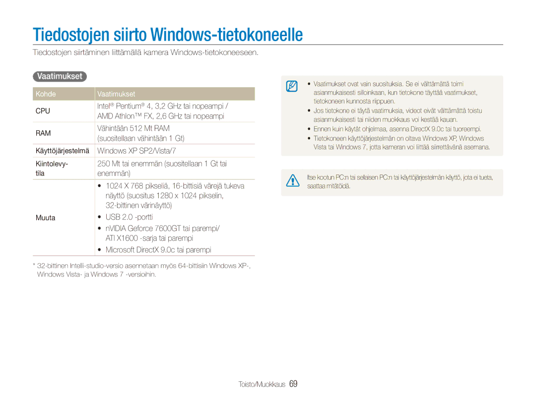 Samsung EC-ES90ZZBPRE2, EC-ES90ZZBPUE2, EC-ES90ZZBPSE2 manual Tiedostojen siirto Windows-tietokoneelle, Kohde Vaatimukset 