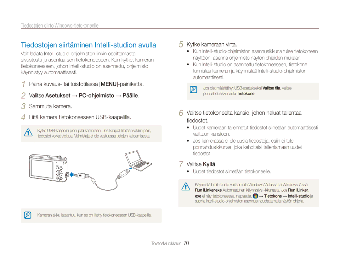 Samsung EC-ES90ZZBPBE2 manual Tiedostojen siirtäminen Intelli-studion avulla, Tiedostojen siirto Windows-tietokoneelle 