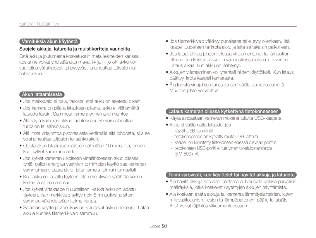 Samsung EC-ES90ZZBPBE2 Varoituksia akun käytöstä, Akun lataamisesta, Lataus kameran ollessa kytkettynä tietokoneeseen 