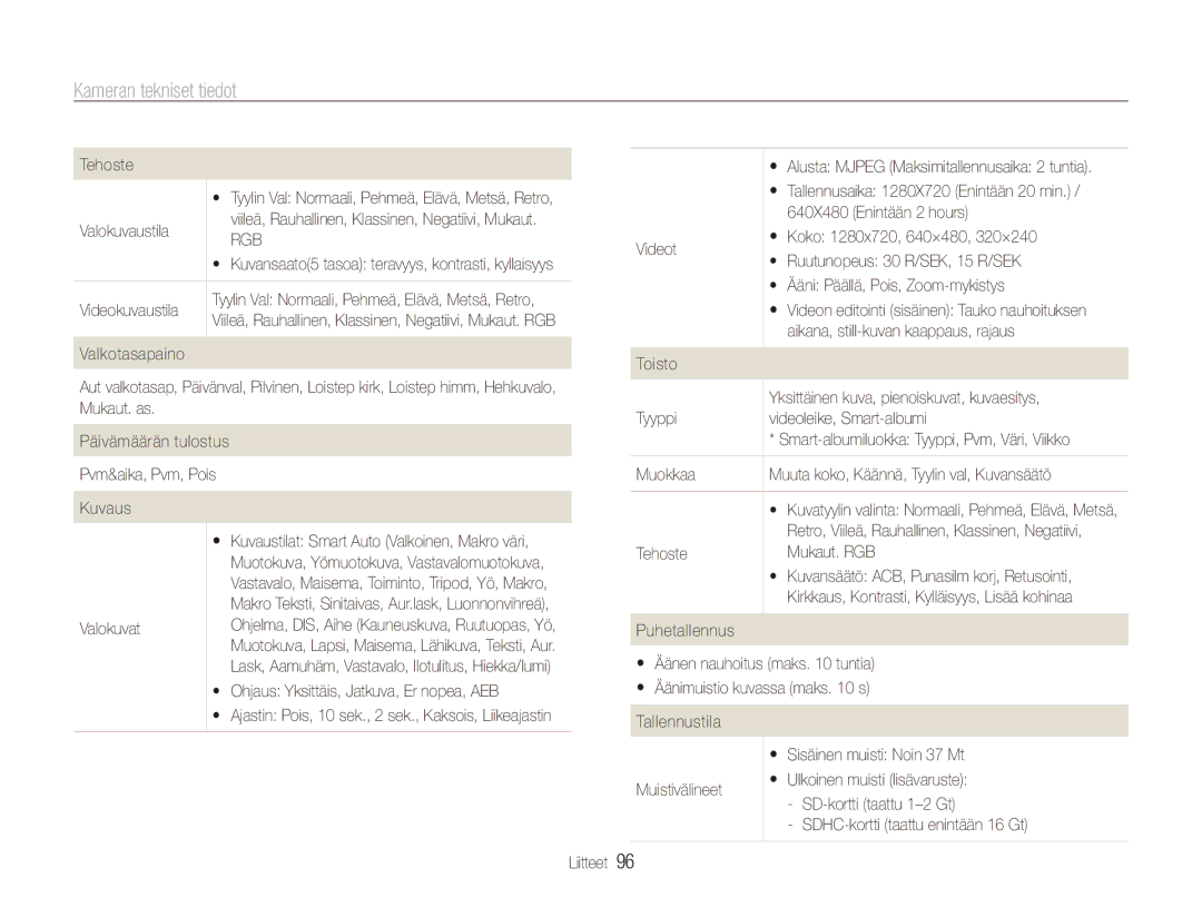 Samsung EC-ES90ZZBPSE2, EC-ES90ZZBPUE2, EC-ES90ZZBPRE2, EC-ES90ZZBPBE2 manual Kameran tekniset tiedot 