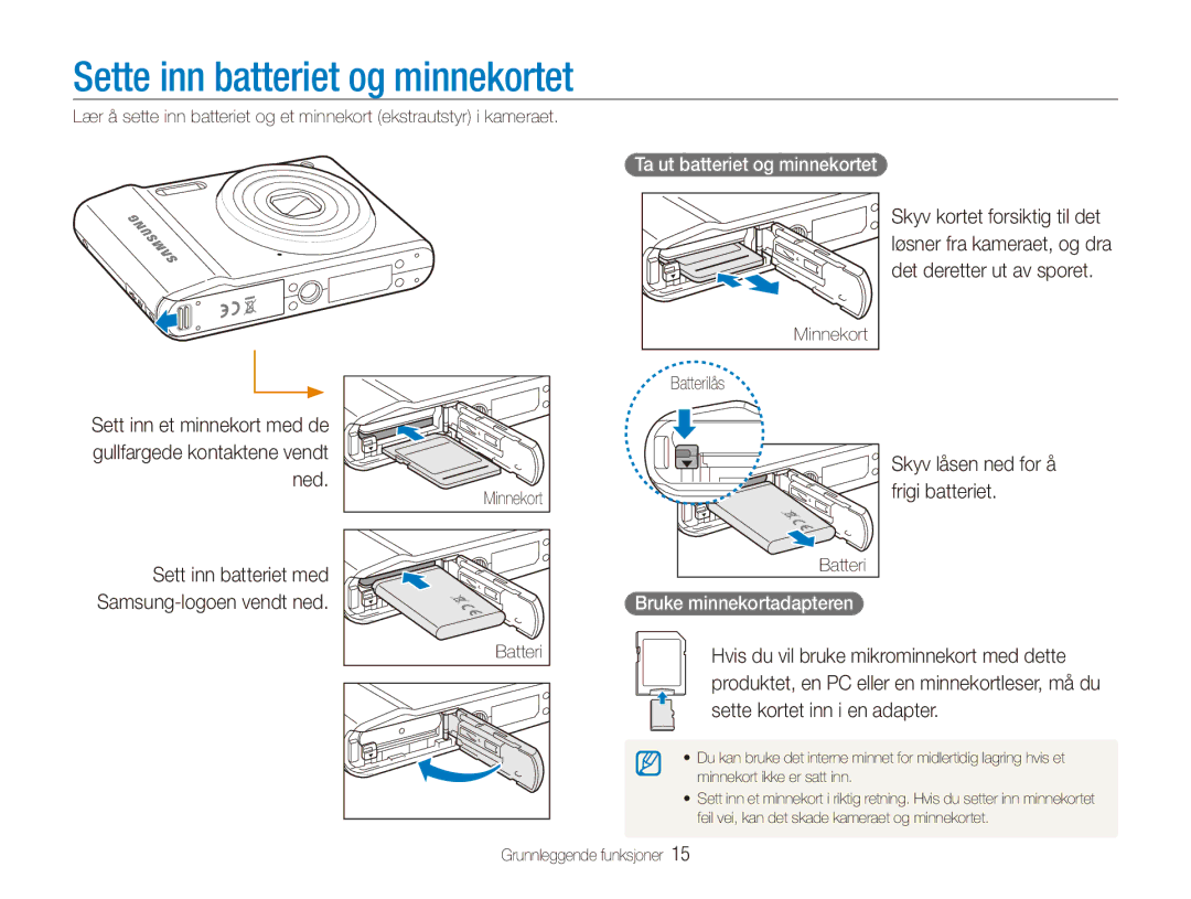 Samsung EC-ES90ZZBPUE2 manual Sette inn batteriet og minnekortet, Bruke minnekortadapteren, Ta ut batteriet og minnekortet 