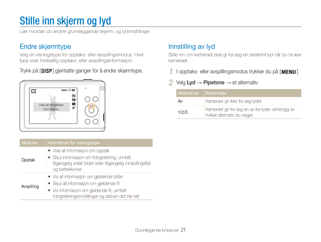 Samsung EC-ES90ZZBPRE2, EC-ES90ZZBPUE2, EC-ES90ZZBPSE2 manual Stille inn skjerm og lyd, Endre skjermtype, Innstilling av lyd 