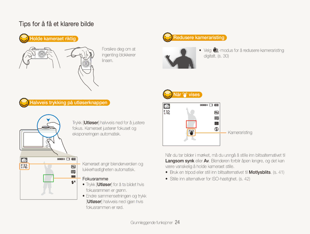 Samsung EC-ES90ZZBPSE2 manual Holde kameraet riktig, Halvveis trykking på utløserknappen, Redusere kameraristing, Når vises 