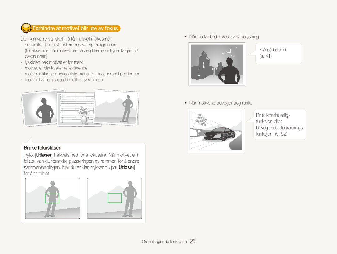 Samsung EC-ES90ZZBPRE2, EC-ES90ZZBPUE2 manual Forhindre at motivet blir ute av fokus, Når motivene beveger seg raskt 