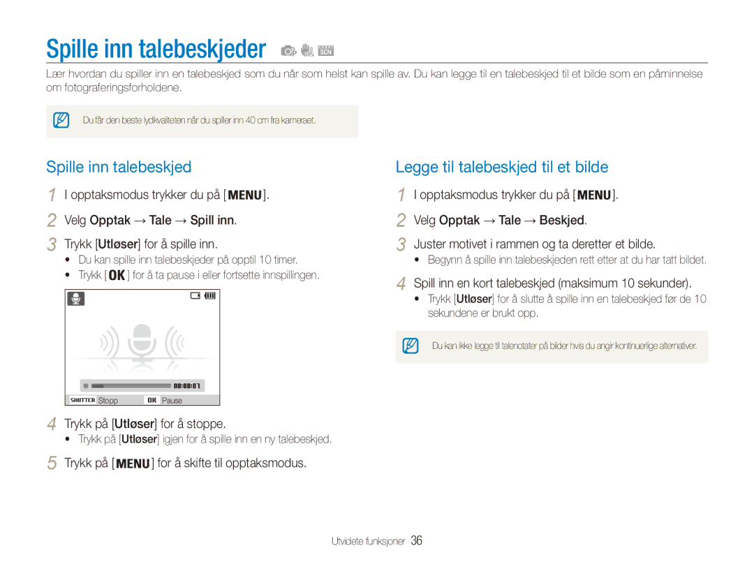 Samsung EC-ES90ZZBPSE2, EC-ES90ZZBPUE2, EC-ES90ZZBPRE2 manual Spille inn talebeskjeder, Legge til talebeskjed til et bilde 