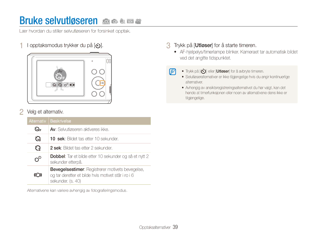Samsung EC-ES90ZZBPUE2, EC-ES90ZZBPSE2, EC-ES90ZZBPRE2 Bruke selvutløseren, Opptaksmodus trykker du på Velg et alternativ 