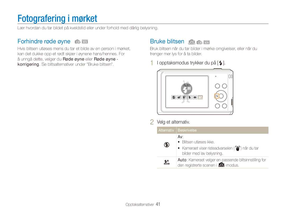 Samsung EC-ES90ZZBPRE2, EC-ES90ZZBPUE2, EC-ES90ZZBPSE2 manual Fotografering i mørket, Forhindre røde øyne, Bruke blitsen 