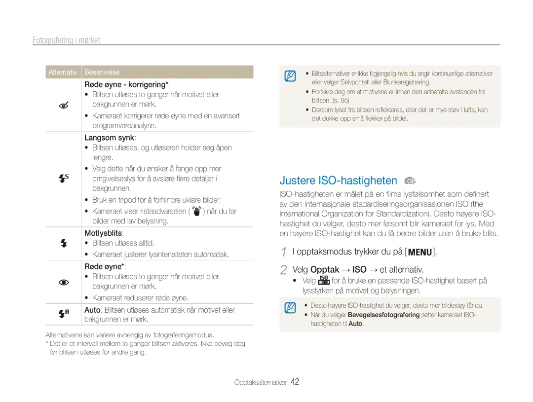 Samsung EC-ES90ZZBPBE2, EC-ES90ZZBPUE2, EC-ES90ZZBPSE2, EC-ES90ZZBPRE2 manual Justere ISO-hastigheten, Fotografering i mørket 