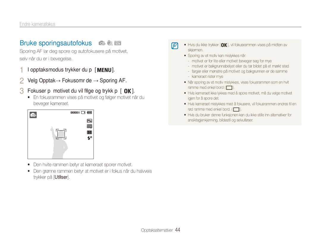 Samsung EC-ES90ZZBPSE2, EC-ES90ZZBPUE2, EC-ES90ZZBPRE2, EC-ES90ZZBPBE2 manual Bruke sporingsautofokus, Endre kamerafokus 
